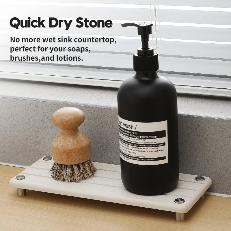 Razborci Quick Dry Bathroom Tray & Kitchen Sink Organizer, Water Absorbing Countertop Sponge Holder Soap Dish, Diatomaceous Earth Stone Vanity Dispenser Toothbrush Bottle, Gray Beige, 10" x 4" - Image 2