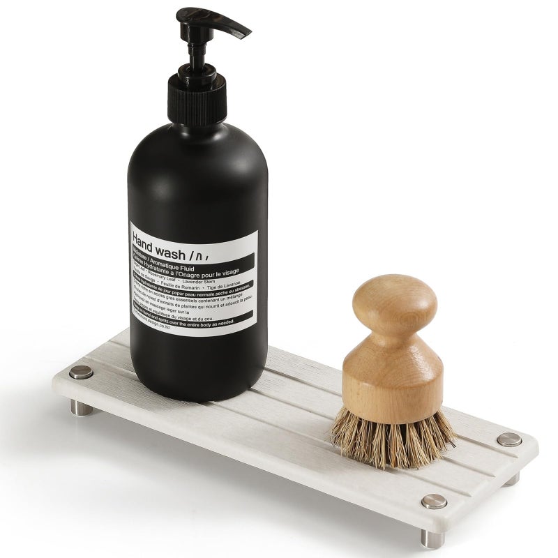 Razborci Quick Dry Bathroom Tray & Kitchen Sink Organizer, Water Absorbing Countertop Sponge Holder Soap Dish, Diatomaceous Earth Stone Vanity Dispenser Toothbrush Bottle, Gray Beige, 10" x 4" - Image 1