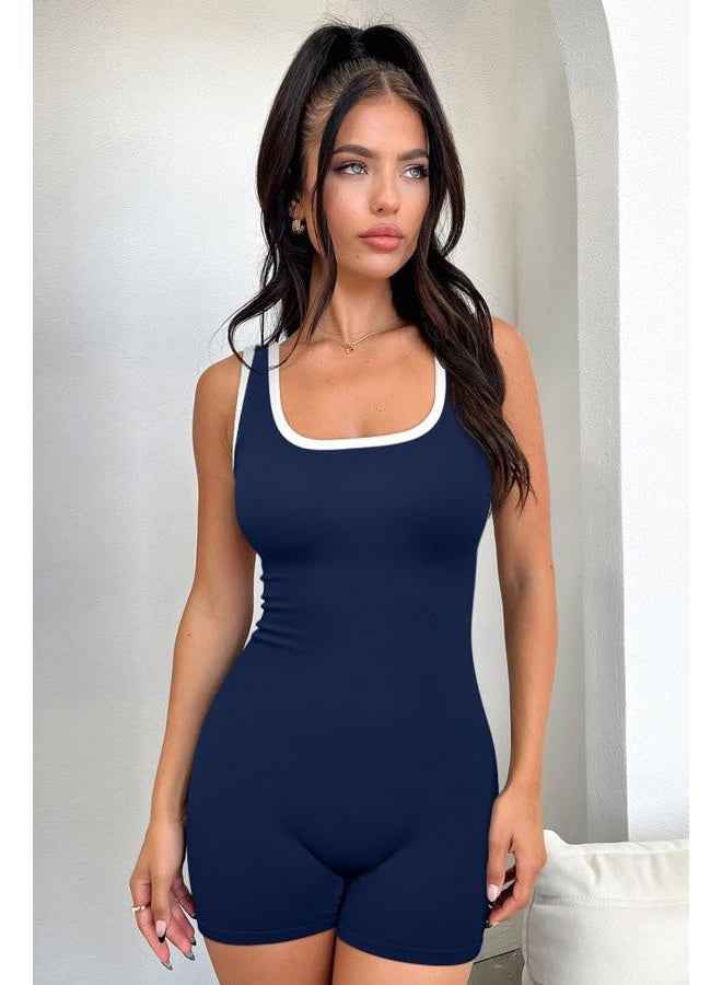 OQQ Women Rompers Sleeveless Square Neck Stretch Contrast Workout Active Tank Romper, Navy Blue, S - Image 2