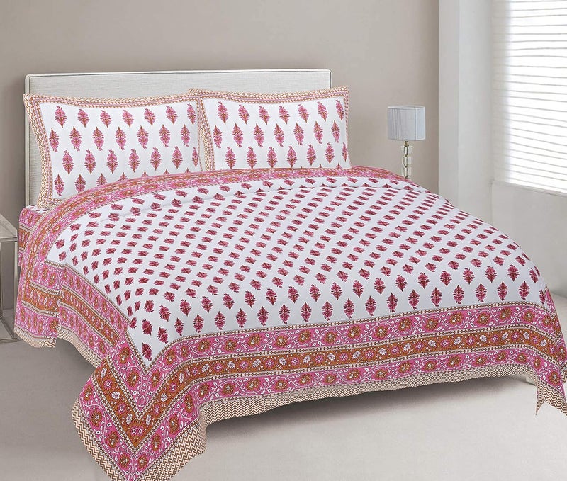 Doraya King Size Double Bed Sheet with Pillow Covers Pure Cotton Traditional Jaipuri Printed Bedcover Pink