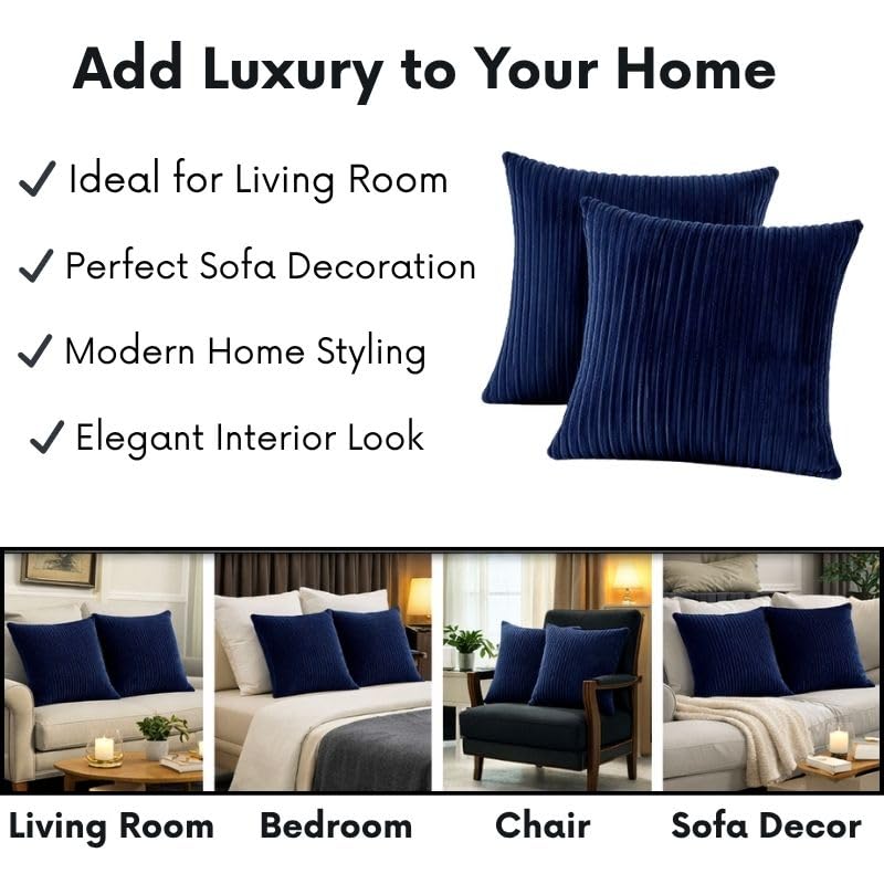 RD TREND® Cushion Cover Set of 5, Decorative Sofa Living Room Home Square Cushion Covers 16 Inch x 16 Inch, Aesthetic Corduroy Striped Double Sided (Navy Blue,Pack of 5) - Image 3