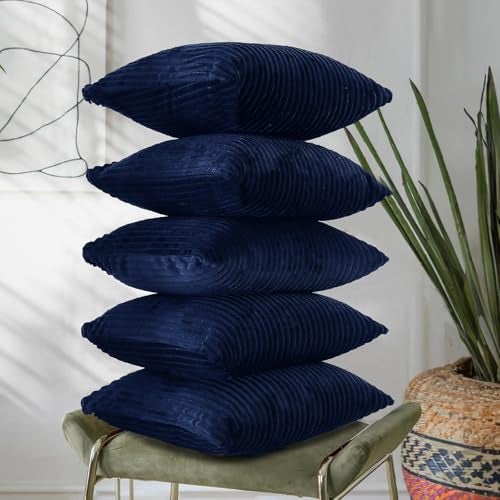 RD TREND® Cushion Cover Set of 5, Decorative Sofa Living Room Home Square Cushion Covers 16 Inch x 16 Inch, Aesthetic Corduroy Striped Double Sided (Navy Blue,Pack of 5) - Image 1