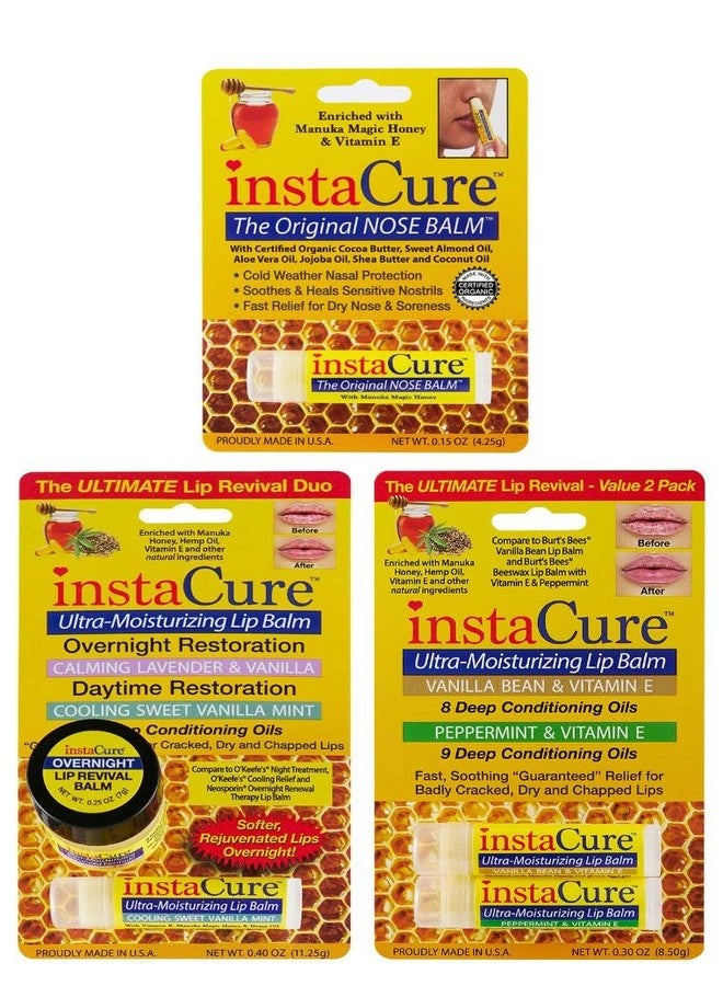 InstaCure Nose & Lip Care Set | Original Nose Balm with Manuka Honey | Ultra-Moisturizing Lip Balm 2-Pack Vanilla Bean & Peppermint | Lip Repair Duo Lavender & Vanilla, Vanilla Mint - Image 1