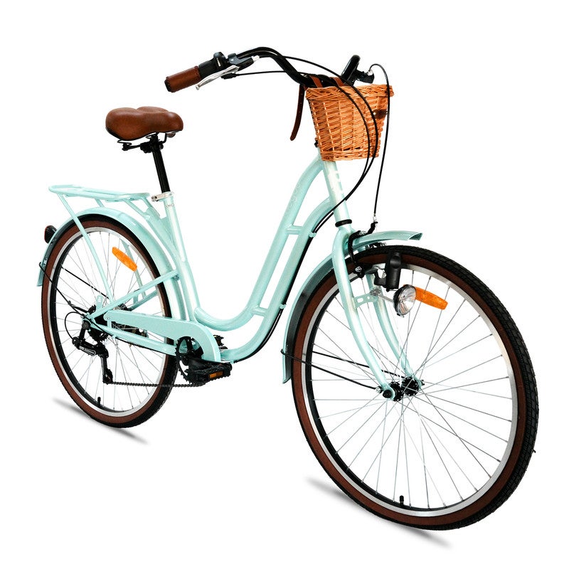 MOGOO Florida Vintage 26-Inch City Bike For Women & Girls, 26 Inch Wheel Sizes | Shimano 6-Speed Drivetrain | Durable Steel Step-Through Frame with Front Wicker Basket | Rear Carrier & Dynamo LED Headlight - Mint Green - Image 2