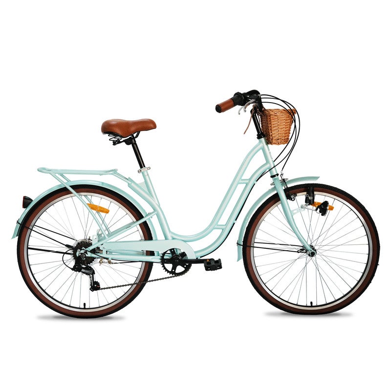 MOGOO Florida Vintage 26-Inch City Bike For Women & Girls, 26 Inch Wheel Sizes | Shimano 6-Speed Drivetrain | Durable Steel Step-Through Frame with Front Wicker Basket | Rear Carrier & Dynamo LED Headlight - Mint Green - Image 1