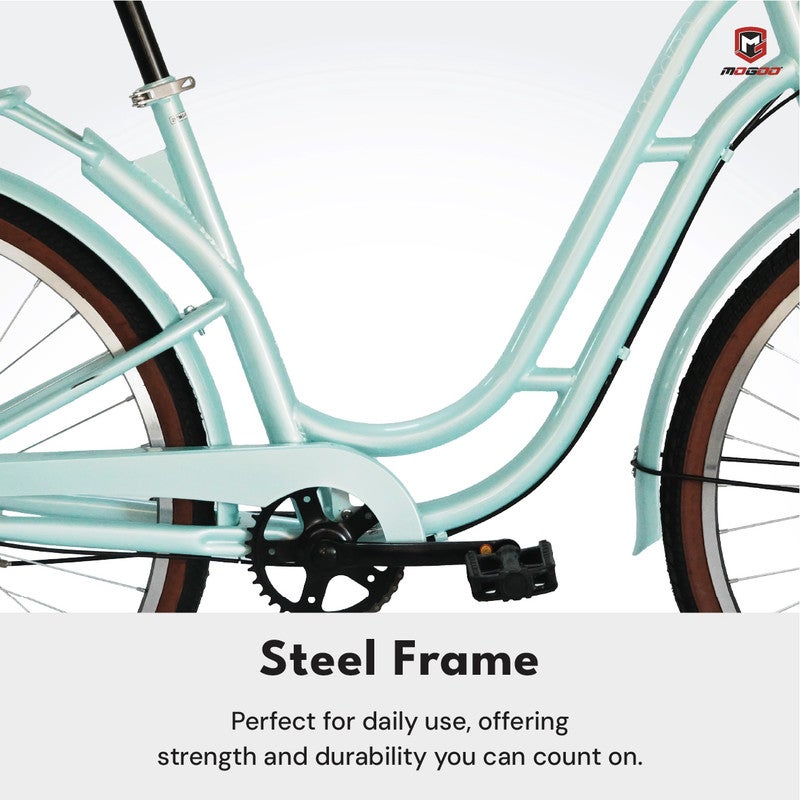 MOGOO Florida Vintage 26-Inch City Bike For Women & Girls, 26 Inch Wheel Sizes | Shimano 6-Speed Drivetrain | Durable Steel Step-Through Frame with Front Wicker Basket | Rear Carrier & Dynamo LED Headlight - Mint Green - Image 3