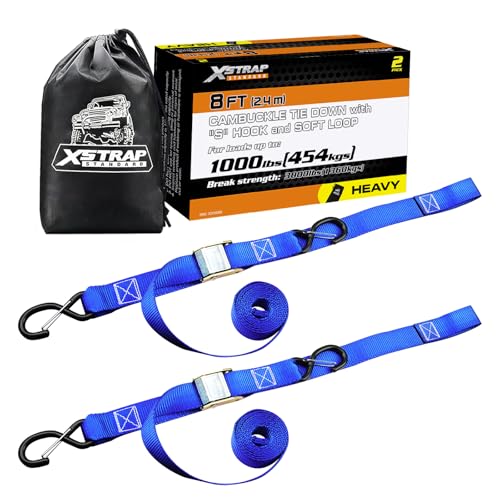 XSTRAP STANDARD Motorcycle Tie Down Straps- (2 Pack) 3,000lb Break Strength, 1.5 IN X 8FT Heavy-Duty Cambuckle Tie Down Set with S Hook and Soft Loops, Handlebar Strap for Dirt Bike, Kayak, Boat, Blue - Image 1
