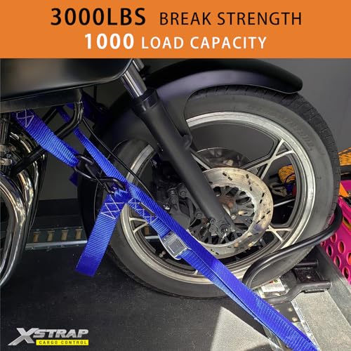XSTRAP STANDARD Motorcycle Tie Down Straps- (2 Pack) 3,000lb Break Strength, 1.5 IN X 8FT Heavy-Duty Cambuckle Tie Down Set with S Hook and Soft Loops, Handlebar Strap for Dirt Bike, Kayak, Boat, Blue - Image 4