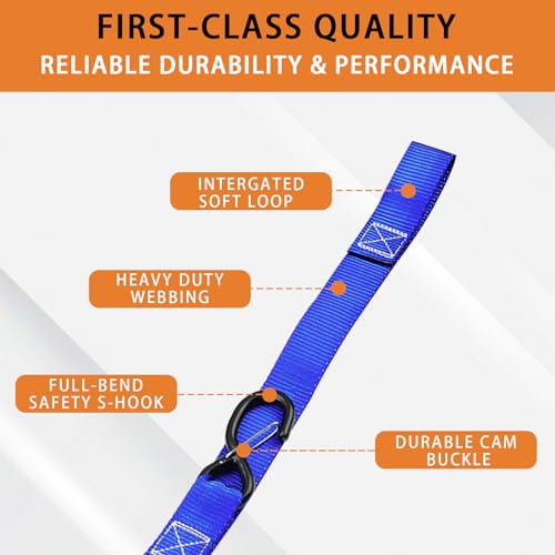 XSTRAP STANDARD Motorcycle Tie Down Straps- (2 Pack) 3,000lb Break Strength, 1.5 IN X 8FT Heavy-Duty Cambuckle Tie Down Set with S Hook and Soft Loops, Handlebar Strap for Dirt Bike, Kayak, Boat, Blue - Image 2