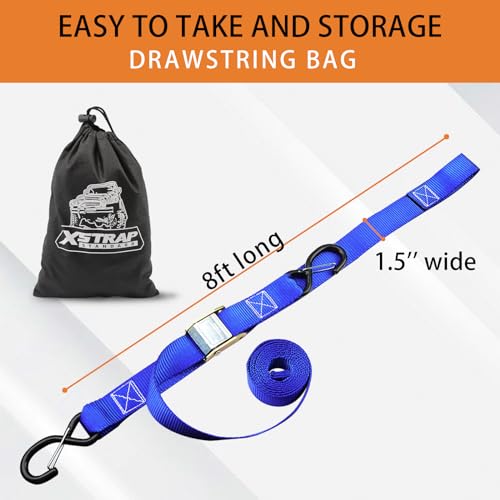 XSTRAP STANDARD Motorcycle Tie Down Straps- (2 Pack) 3,000lb Break Strength, 1.5 IN X 8FT Heavy-Duty Cambuckle Tie Down Set with S Hook and Soft Loops, Handlebar Strap for Dirt Bike, Kayak, Boat, Blue - Image 3