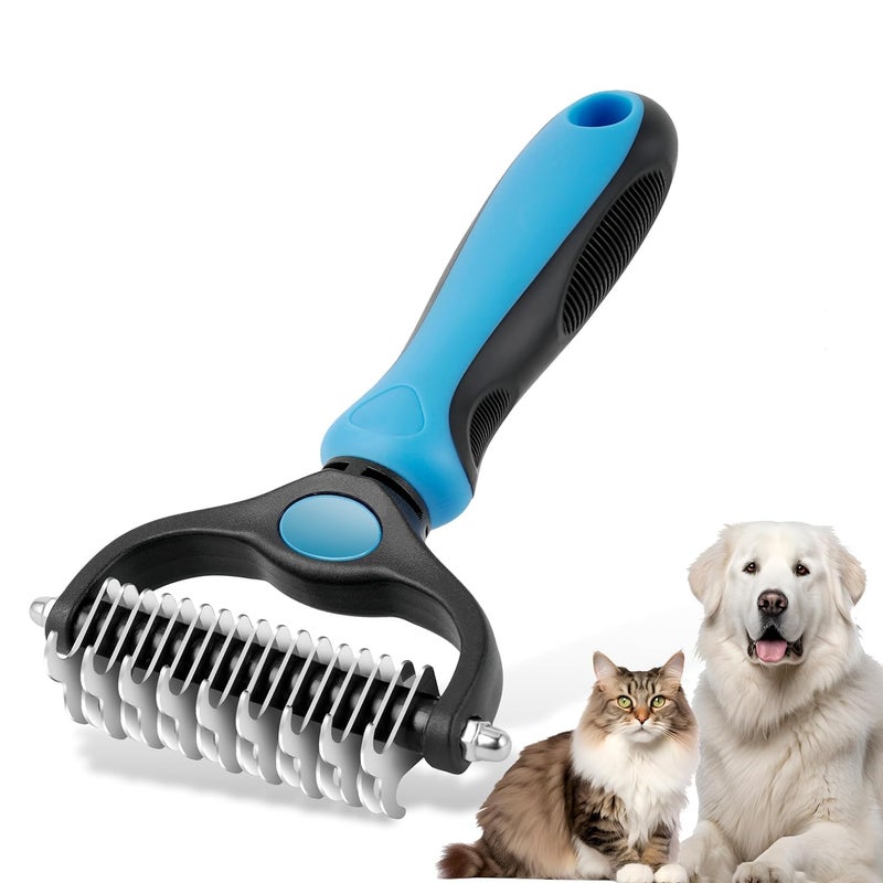 BEHAHAI Pet Grooming Brush, Double Sided Undercoat Rake, Professional Deshedding Tool for Dogs & Cats, Blue. - Image 1