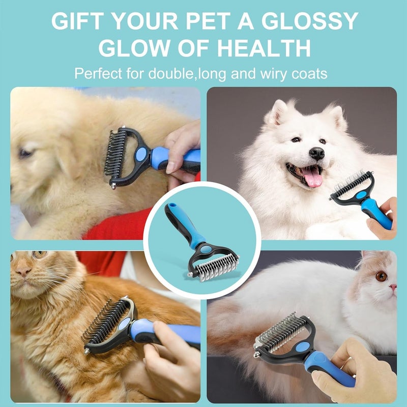 BEHAHAI Pet Grooming Brush, Double Sided Undercoat Rake, Professional Deshedding Tool for Dogs & Cats, Blue. - Image 5
