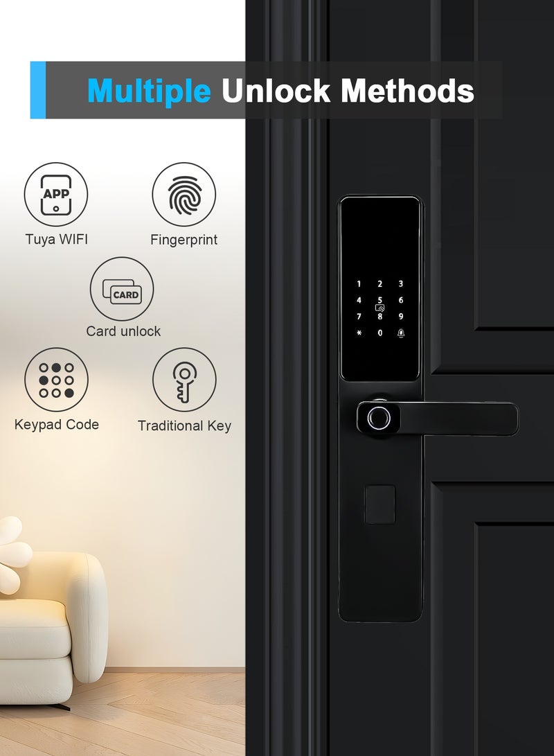 أتومن قفل الباب الذكي ATuMan | التحكم عن بعد عبر Wi-Fi من خلال تطبيق Tuya Smart | قفل بصمات الأصابع مع المقبض | متوافق مع الفتحة 6068 | يُشمل 8 بطاريات AA و 6 بطاقات وصول و 2 مفاتيح | توفير إرشادات باللغة العربية - Image 2