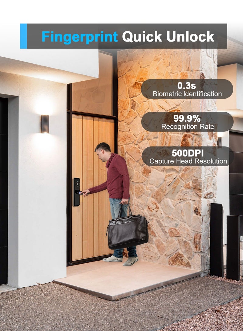 أتومن قفل الباب الذكي ATuMan | التحكم عن بعد عبر Wi-Fi من خلال تطبيق Tuya Smart | قفل بصمات الأصابع مع المقبض | متوافق مع الفتحة 6068 | يُشمل 8 بطاريات AA و 6 بطاقات وصول و 2 مفاتيح | توفير إرشادات باللغة العربية - Image 3