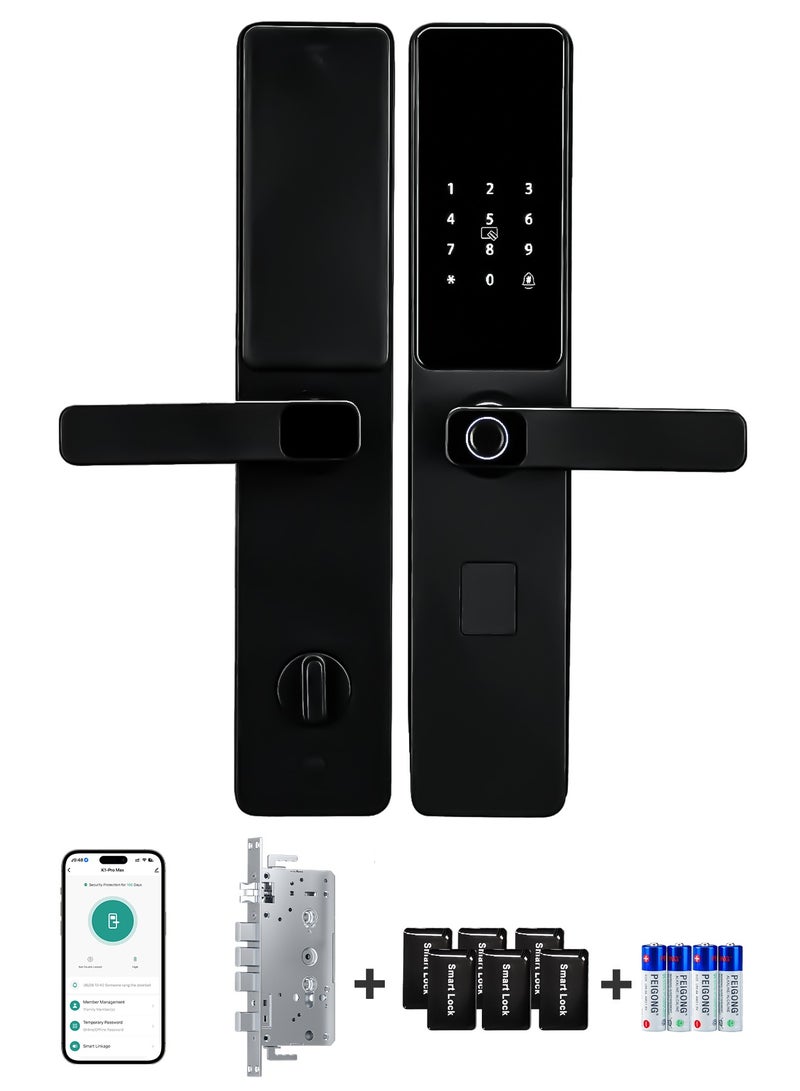 أتومن قفل الباب الذكي ATuMan | التحكم عن بعد عبر Wi-Fi من خلال تطبيق Tuya Smart | قفل بصمات الأصابع مع المقبض | متوافق مع الفتحة 6068 | يُشمل 8 بطاريات AA و 6 بطاقات وصول و 2 مفاتيح | توفير إرشادات باللغة العربية - Image 1