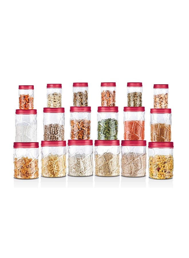 Milton Vitro Plastic Pet Storage Jar and Container, Set of 18 (6 pcs x 230 ml Each, 6 pcs x 600 ml Each, 6 pcs x 1.18 ltrs Each), Red Wine | Food Grade | Air Tight | BPA Free - Image 1