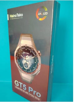 هينو تيكو ساعة Haino Teko GT5 Pro  الفخامة تلتقي بالذكاء استمتع بتجربة راقية مع شاشة AMOLED فائقة الوضوح وتصميم أنيق يعكس أسلوبك. تحكم بصحتك مع ميزات متقدمة مثل قياس ضربات القلب، ضغط الدم، وتتبع النوم. ابقَ متصلاً دائمًا عبر المكالمات الذكية، الإشعارات، والمساعد الصوتي المدمج. مناسبة للرياضة والعمل بفضل مقاومة الماء، البطارية القوية، ودعم NFC. ساعة ذكية تجمع بين الأداء القوي والتصميم الفاخر مع ثلاث أحزمة لون اسود  - Image 1