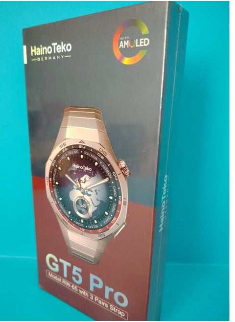 ساعة Haino Teko GT5 Pro  الفخامة تلتقي بالذكاء استمتع بتجربة راقية مع شاشة AMOLED فائقة الوضوح وتصميم أنيق يعكس أسلوبك. تحكم بصحتك مع ميزات متقدمة مثل قياس ضربات القلب، ضغط الدم، وتتبع النوم. ابقَ متصلاً دائمًا عبر المكالمات الذكية، الإشعارات، والمساعد الصوتي المدمج. مناسبة للرياضة والعمل بفضل مقاومة الماء، البطارية القوية، ودعم NFC. ساعة ذكية تجمع بين الأداء القوي والتصميم الفاخر مع ثلاث أحزمة لون اسود