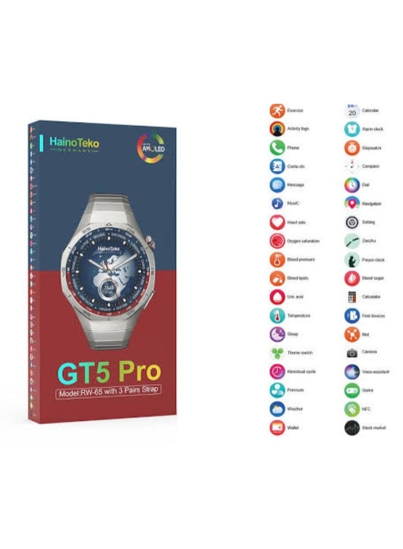 هينو تيكو ساعة Haino Teko RW65   الفخامة تلتقي بالذكاء استمتع بتجربة راقية مع شاشة AMOLED فائقة الوضوح وتصميم أنيق يعكس أسلوبك. تحكم بصحتك مع ميزات متقدمة مثل قياس ضربات القلب، ضغط الدم، وتتبع النوم. ابقَ متصلاً دائمًا عبر المكالمات الذكية، الإشعارات ودعم NFC. ساعة ذكية تجمع بين الأداء القوي والتصميم الفاخر مع ثلاث أحزمة لون سيلفر - Image 2