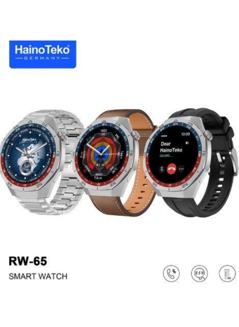 هينو تيكو ساعة Haino Teko RW65   الفخامة تلتقي بالذكاء استمتع بتجربة راقية مع شاشة AMOLED فائقة الوضوح وتصميم أنيق يعكس أسلوبك. تحكم بصحتك مع ميزات متقدمة مثل قياس ضربات القلب، ضغط الدم، وتتبع النوم. ابقَ متصلاً دائمًا عبر المكالمات الذكية، الإشعارات ودعم NFC. ساعة ذكية تجمع بين الأداء القوي والتصميم الفاخر مع ثلاث أحزمة لون سيلفر - Image 1