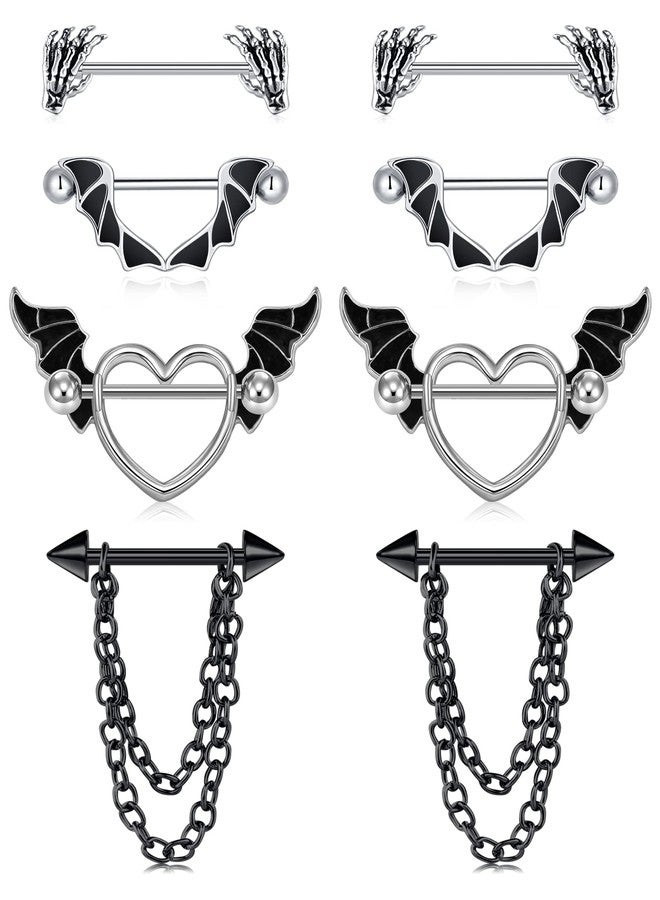 JFORYOU 4PCS 14G Stainless Steel Nipple Rings Black Bat Skull Hand Nipple Piercing Jewelry Barbell for Women - Image 1