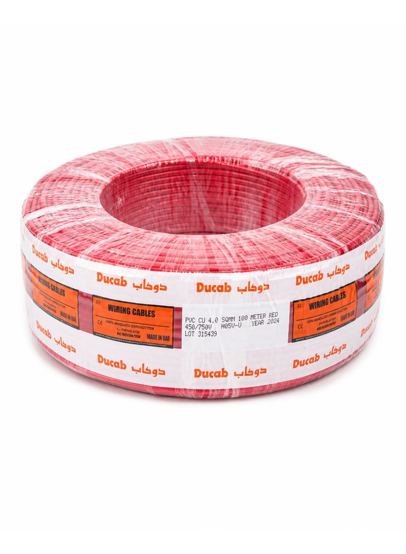 Ducab Single Core Copper Wiring Cable, PVC 4.0SQMM Insulated Electrical Wire Roll 100Meter, 450/750V Building Wire for Domestic, Commercial & Industrial Electrical Installation, Red - Image 1
