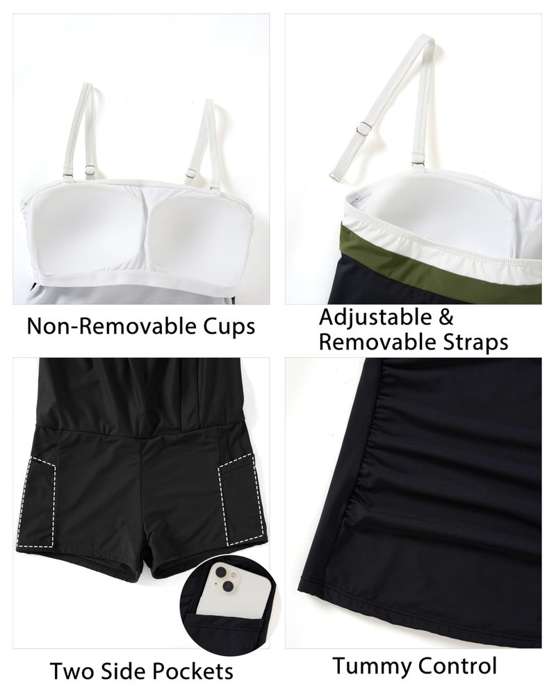 Yonique Women Bandeau Tankini with Skirt - Two Piece Strapless Bathing Suits Color Block Tummy Control 2026 Swimsuit Black XXL - Image 4