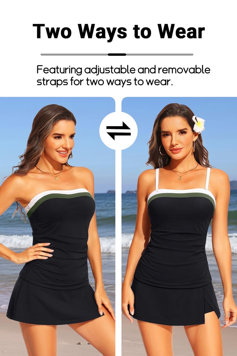 Yonique Women Bandeau Tankini with Skirt - Two Piece Strapless Bathing Suits Color Block Tummy Control 2026 Swimsuit Black XXL - Image 5