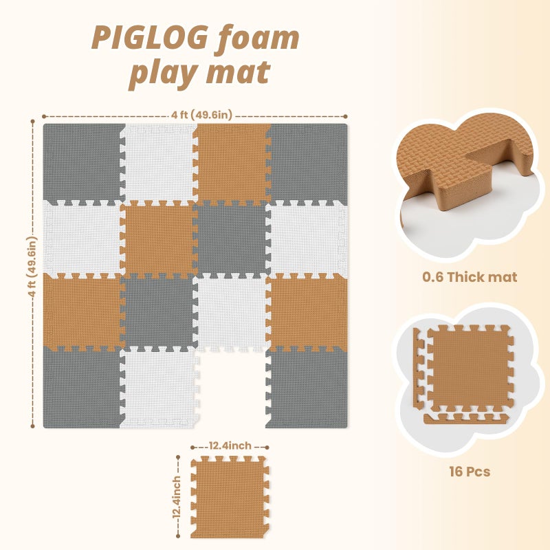 PIGLOG 16 Tiles Baby Play Mat for Floor, EVA Foam Baby Floor Play Mat with 0.6 Inch Thick Interlocking Foam Tiles, Foam Floor Tiles for Baby, Toddlers and Kids (White-Brown-Grey, 16PCS) - Image 3