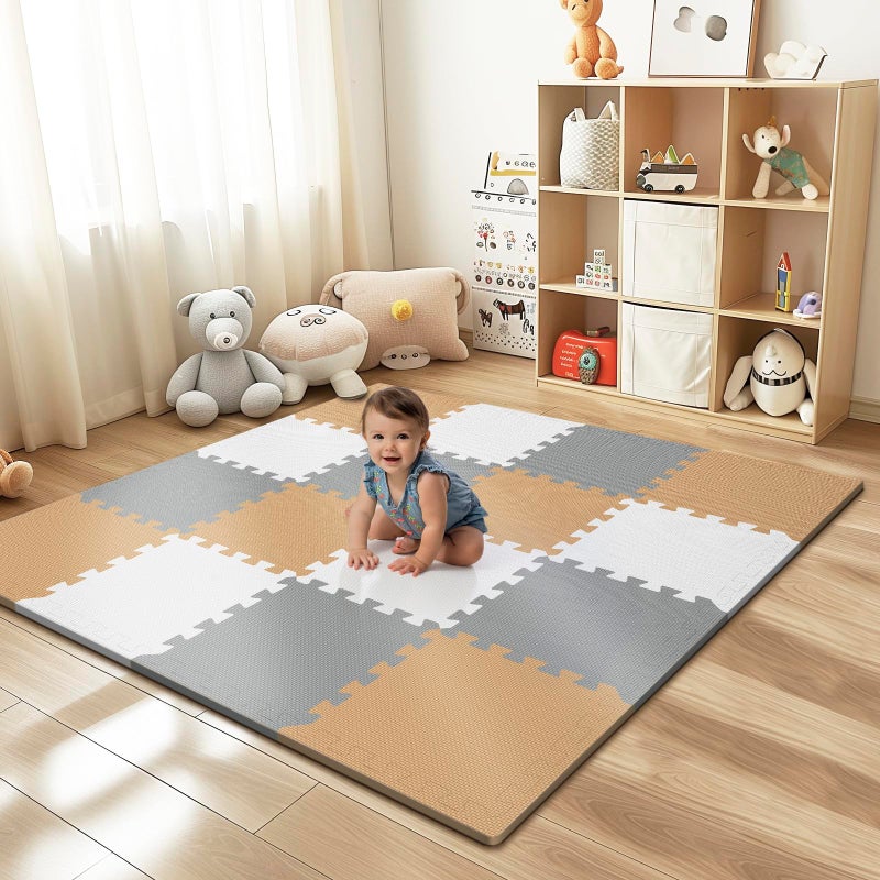 PIGLOG 16 Tiles Baby Play Mat for Floor, EVA Foam Baby Floor Play Mat with 0.6 Inch Thick Interlocking Foam Tiles, Foam Floor Tiles for Baby, Toddlers and Kids (White-Brown-Grey, 16PCS) - Image 1