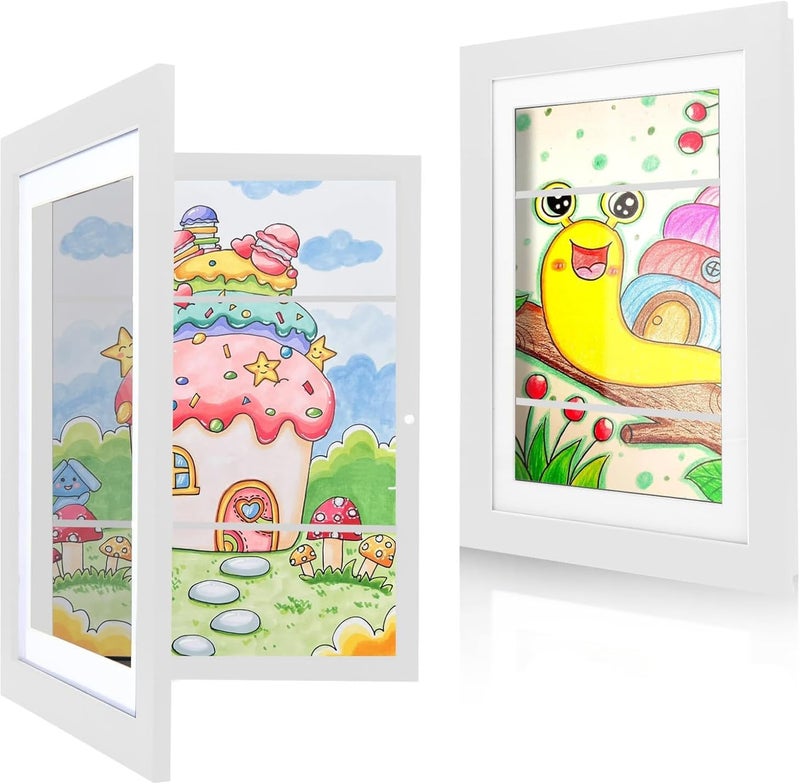 2PCS Kids Art Frame A4 Picture Frame Opening Artwork Display Storage for Children Drawing Crafting Art Projects Schoolwork (White) - Image 1