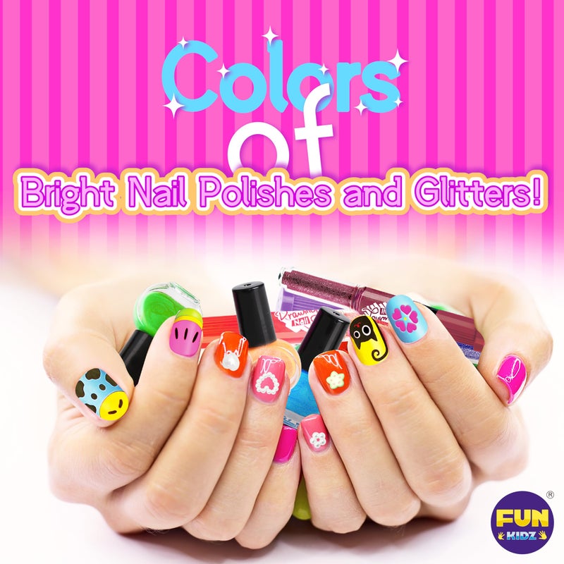 FUN KIDZ طقم أقلام طلاء الأظافر للفتيات من عمر 7-12، مجموعة أقلام طلاء الأظافر FunKidz، هدية مراهقات، طقم استوديو فن الأظافر القابل للتقشير مع زينة أنثوية رائعة، خرز لؤلؤي، لامع، ملصقات أظافر، مبرد أظافر، جواهر - Image 2