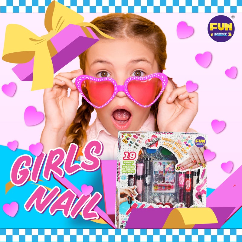 FUN KIDZ طقم أقلام طلاء الأظافر للفتيات من عمر 7-12، مجموعة أقلام طلاء الأظافر FunKidz، هدية مراهقات، طقم استوديو فن الأظافر القابل للتقشير مع زينة أنثوية رائعة، خرز لؤلؤي، لامع، ملصقات أظافر، مبرد أظافر، جواهر - Image 4