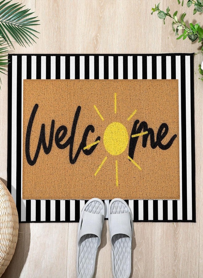 Tinideya 2 Pcs Summer Door Mat Non Slip Wildflower Hello Sunshine Sweet Home Ocean Pet Welcome Floor Doormat Buffalo Plaid Checked Stripe Mat Seasonal for Front Porch Entryway(Golden Sun) - Image 1