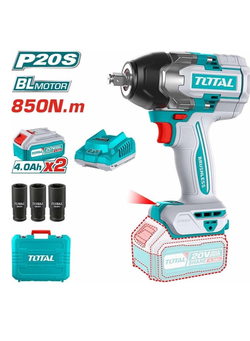 TOTAL Super Total 20V Cordless Impact Wrench 850Nm with Brushless Motor, 1/2" Square Drive, 3 Deep Sockets & Dual 4.0Ah Batteries - Integrated LED Light & Carrying Case TIWLI2085  - Image 1