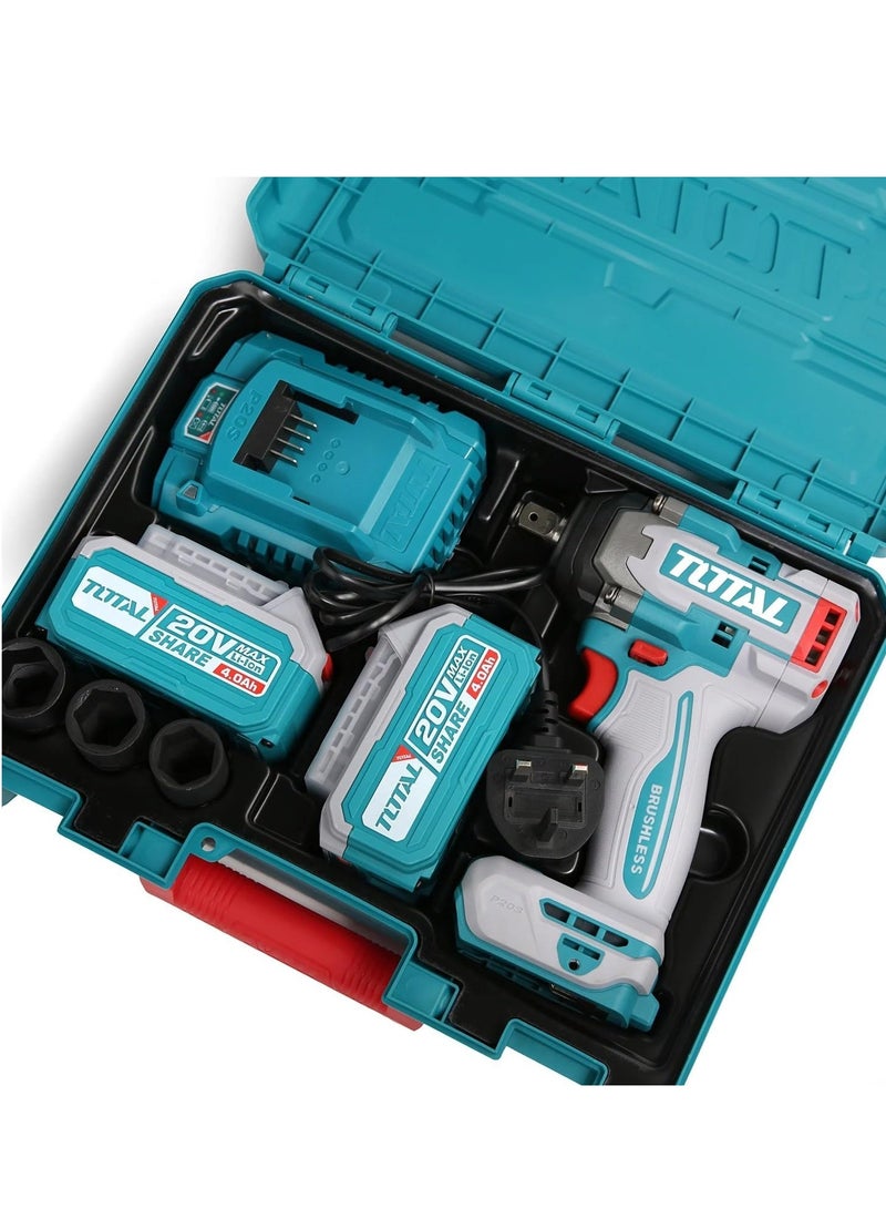 TOTAL Super Total 20V Cordless Impact Wrench 850Nm with Brushless Motor, 1/2" Square Drive, 3 Deep Sockets & Dual 4.0Ah Batteries - Integrated LED Light & Carrying Case TIWLI2085  - Image 5