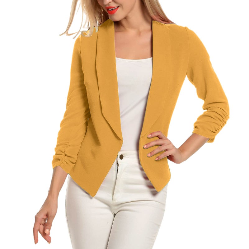 POGTMM Texture Woven Thin Ruched Sleeve Open-Front Blazer (L, Mustard) - Image 3