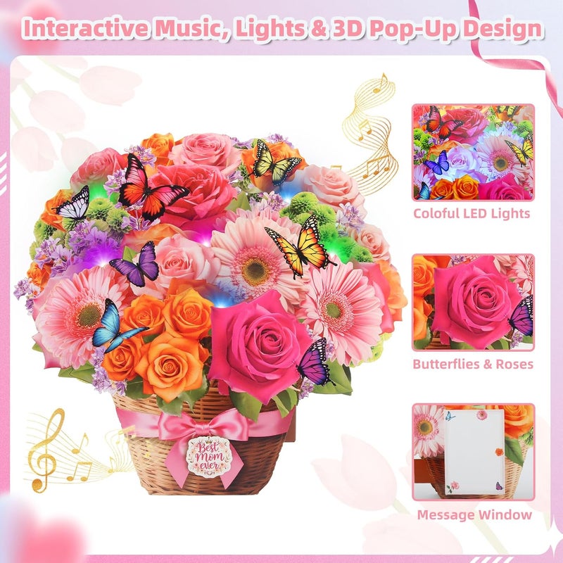 Tcamp Mothers Day Card, Pop Up Happy Mothers Day Card with Music & Light, Daisy Rose & Butterfly Flower Bouquet Card, Mother Day Cards/Gifts for Mom Wife Grandma (Envelope Included) - Image 2