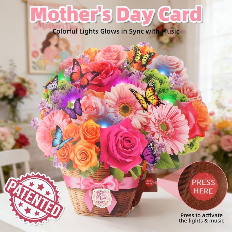 Tcamp Mothers Day Card, Pop Up Happy Mothers Day Card with Music & Light, Daisy Rose & Butterfly Flower Bouquet Card, Mother Day Cards/Gifts for Mom Wife Grandma (Envelope Included) - Image 3