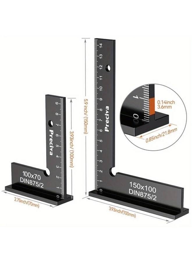 2pcs Black Locking Angle Set 90 Degree Carpenter Square Ruler 100x70mm 150x100mm - Image 3