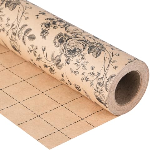 Ulmasinn Kraft Floral Wrapping Paper Roll 17 Inches x 33 Feet Vintage Black Floral Design with Cut Lines for Upscale Gifts BirthdayValentines Day Wedding Mothers Day Valentines Day - Image 2