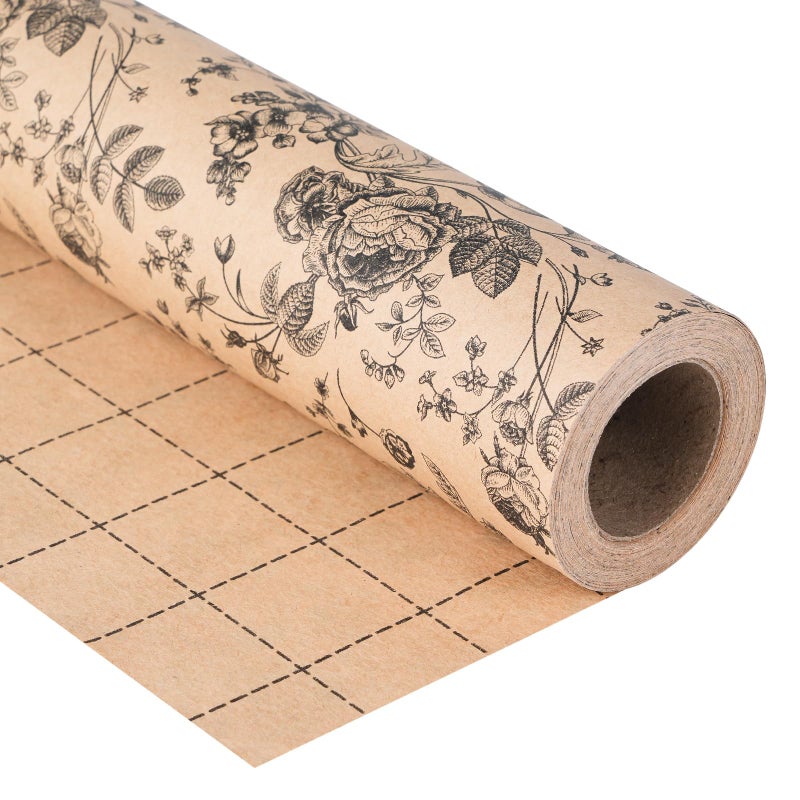 Ulmasinn Kraft Floral Wrapping Paper Roll 17 Inches x 33 Feet Vintage Black Floral Design with Cut Lines for Upscale Gifts BirthdayValentines Day Wedding Mothers Day Valentines Day - Image 3