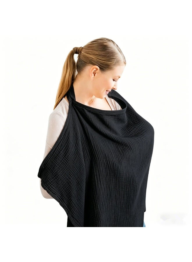 YelaJoy Muslin Nursing Cover for Baby Breastfeeding, Breathable Natural Nursing Cover Made of 100% Cotton with Solid Loop for Mom Nursing Apron, Black - Image 1