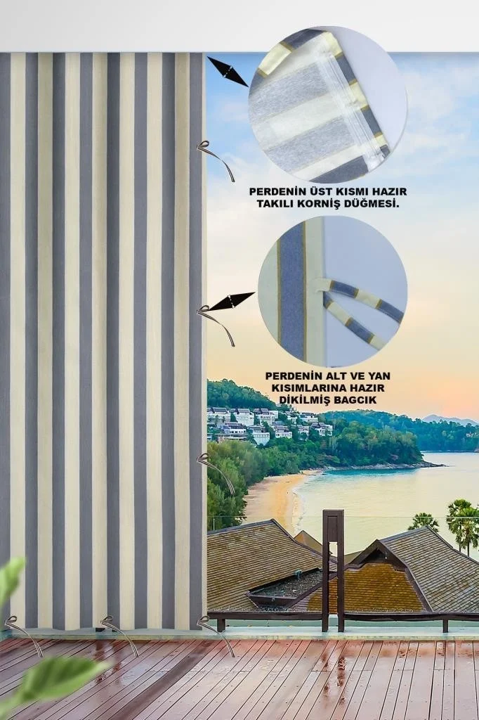 Altın Pamuk Golden Cotton Lace-Up Balcony Curtain-Balcony Canvas with Enxsize Options in All Sizes Gray Cream