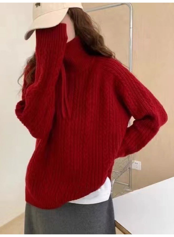 Leyuan Turn-down Collar Half-zip Cable Knit Loose Slimming Lazy Fit Sweater Women's Coat Knitted Top - Image 2