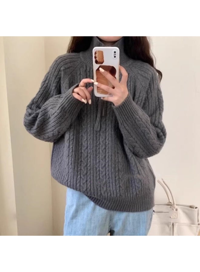 Leyuan Turn-down Collar Half-zip Cable Knit Loose Slimming Lazy Fit Sweater Women's Coat Knitted Top - Image 1