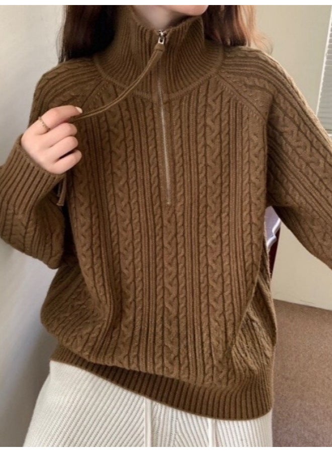 Leyuan Turn-down Collar Half-zip Cable Knit Loose Slimming Lazy Fit Sweater Women's Coat Knitted Top - Image 3