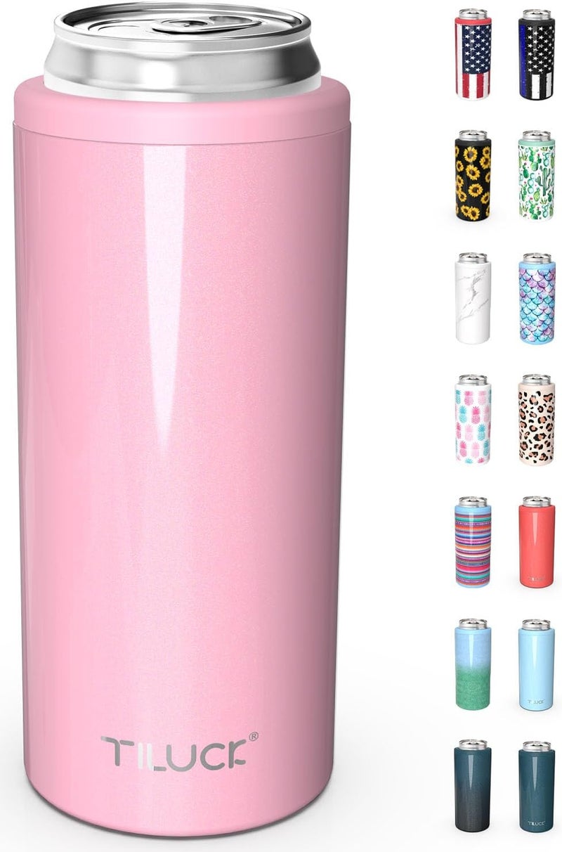 TILUCK Skinny Can Cooler for Slim Beer & Hard Seltzer, Stainless Steel, Doucle-Walled Stainless Steel Insulated Slim Cans, Standard 12 oz (Glitter Blush) - Image 1