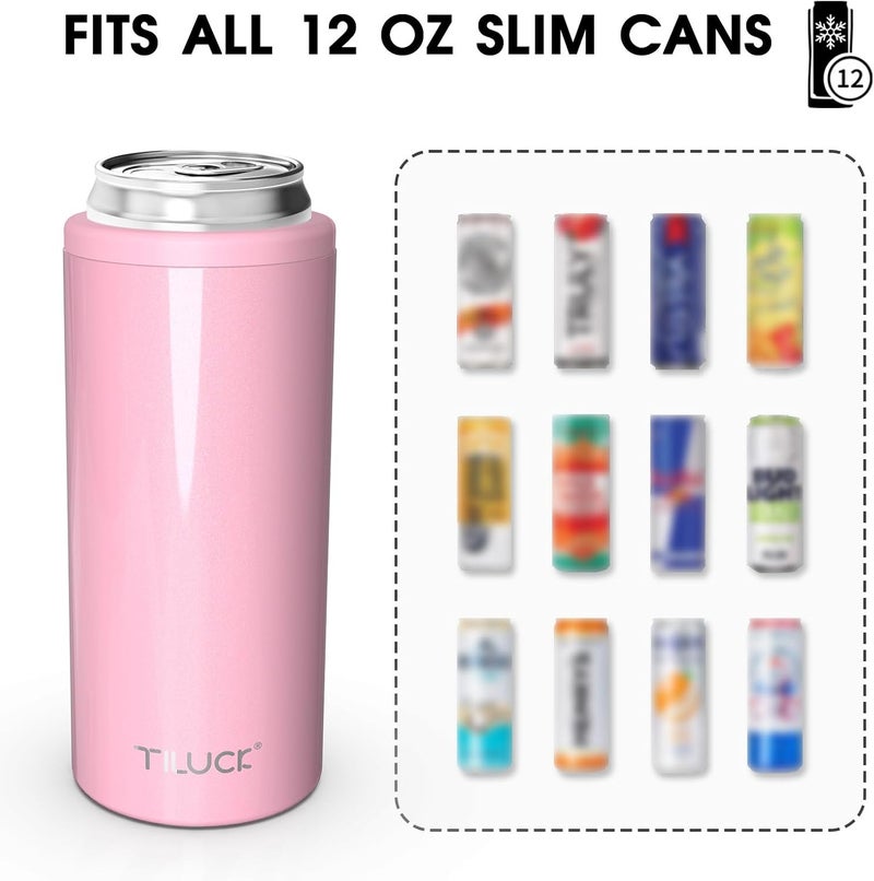 TILUCK Skinny Can Cooler for Slim Beer & Hard Seltzer, Stainless Steel, Doucle-Walled Stainless Steel Insulated Slim Cans, Standard 12 oz (Glitter Blush) - Image 3