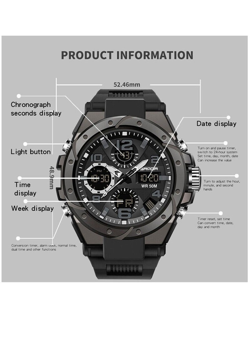 Sanda Watches for Men Quartz Water Resistant Sports Watch 52mm 6088 Black With Gift Box - Image 5